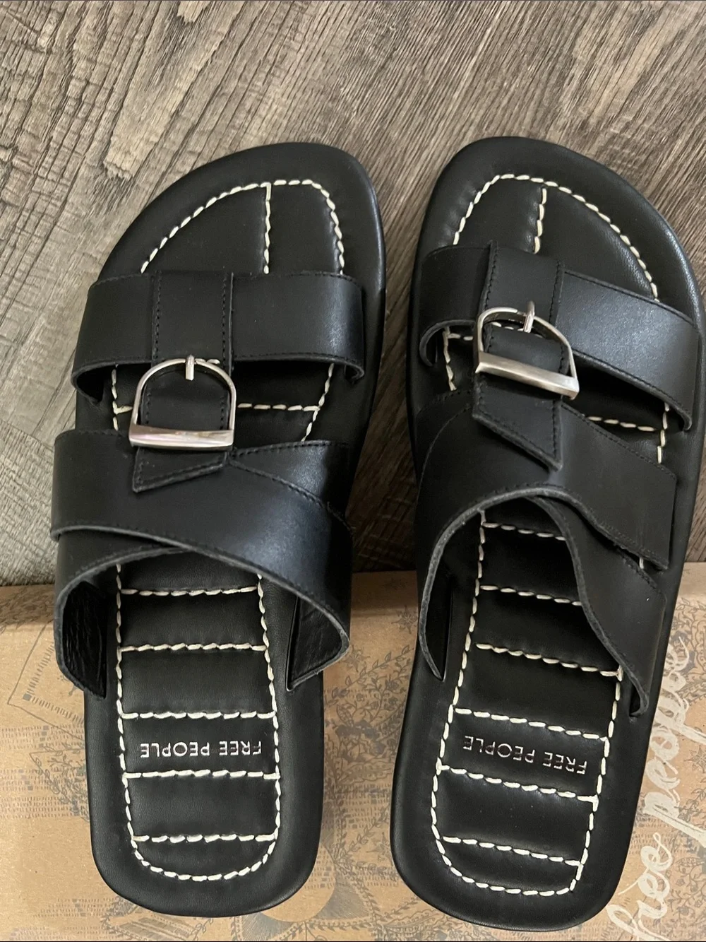 Free People Sloan Black Quilted Buckle Slide Sandals